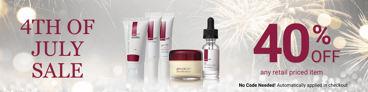 Cosmetic products with '4th of July Sale' and '40% off' text on a festive background.