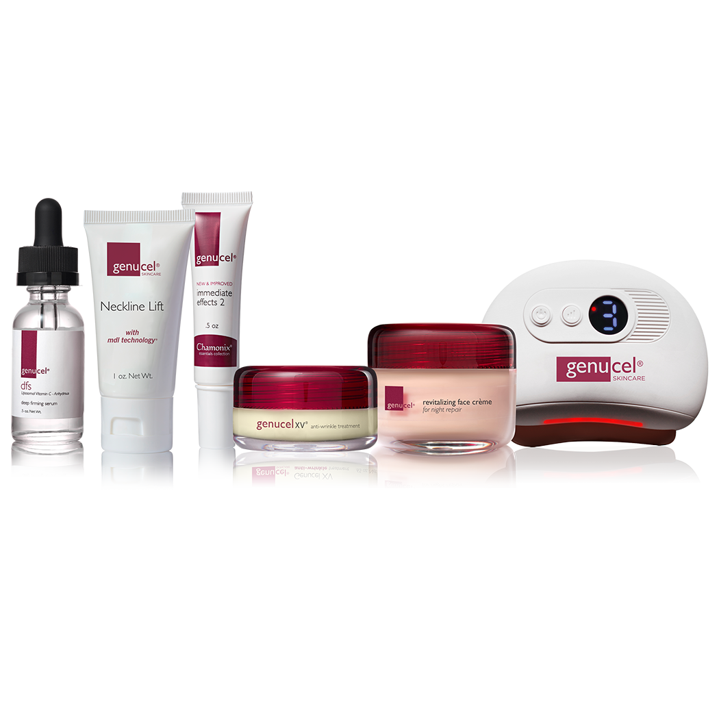 Genucel skincare products including a dropper, cream, and device on a white background