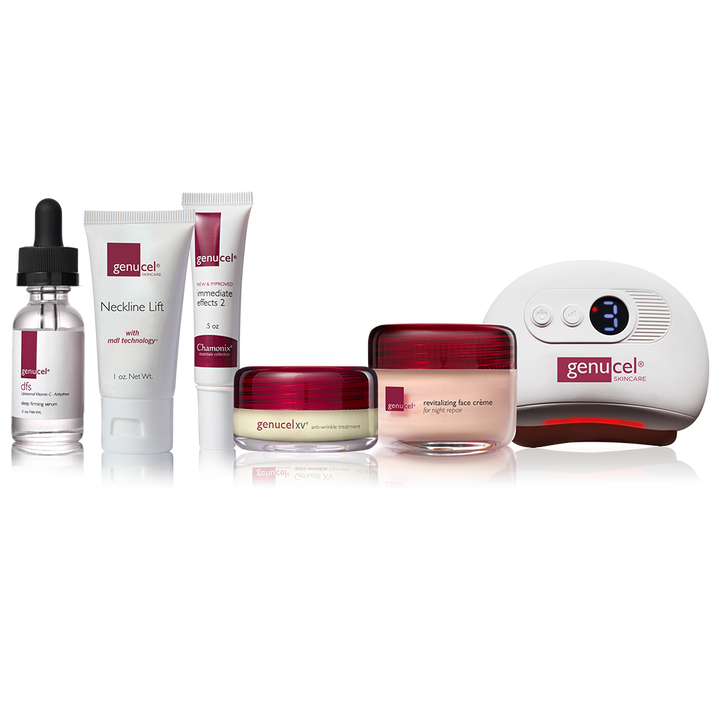 Genucel skincare products including a dropper, cream, and device on a white background