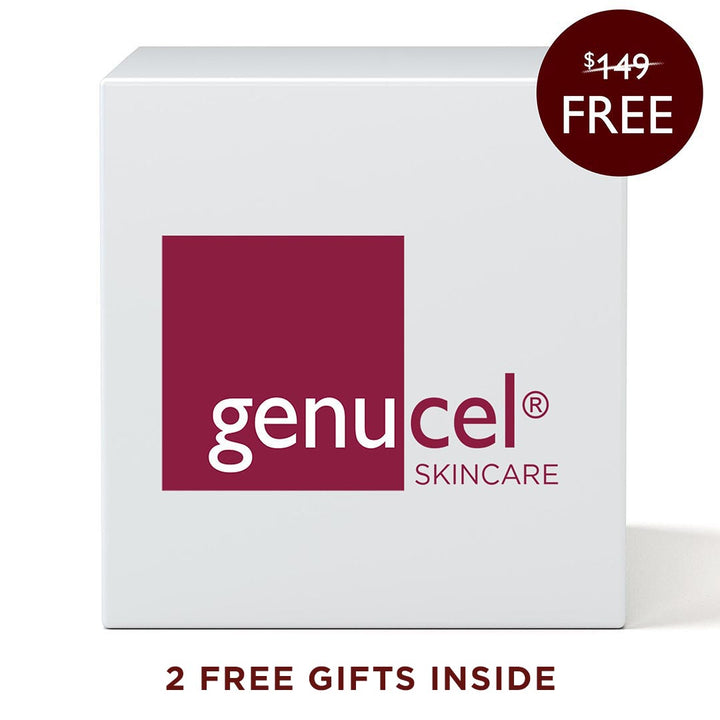 Genucel Skincare product box with a red square logo and promotional text on a white background