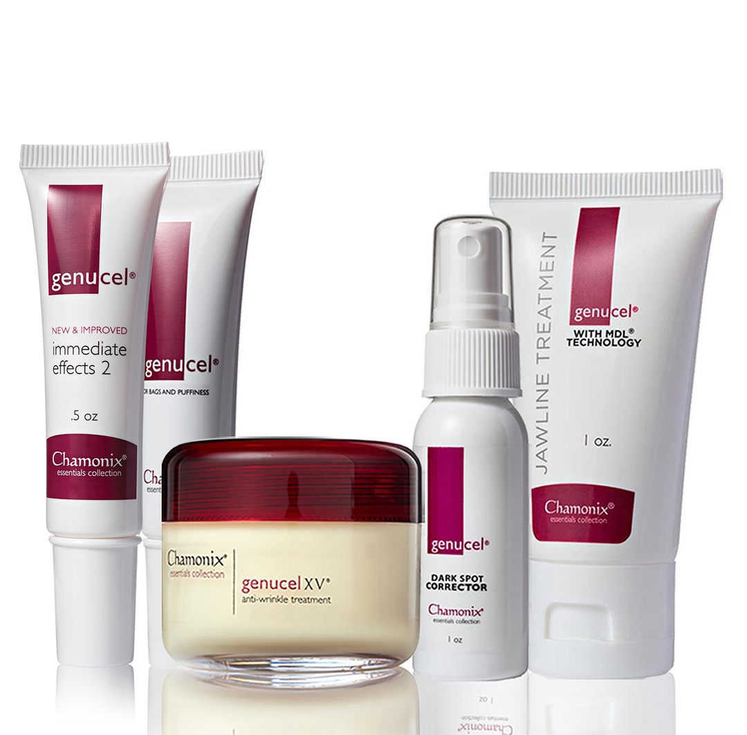 A collection of skincare products from Genucel Skin Care. The set includes the Most Popular Package, which includes one tube of genucel Immediate Effects 2, a jar of genucel XV anti-wrinkle treatment, a spray bottle of Dark Spot Corrector, a tube of genucel for undereye bags and puffiness and a tube of Jawline Treatment with MDL technology for visibly younger skin.