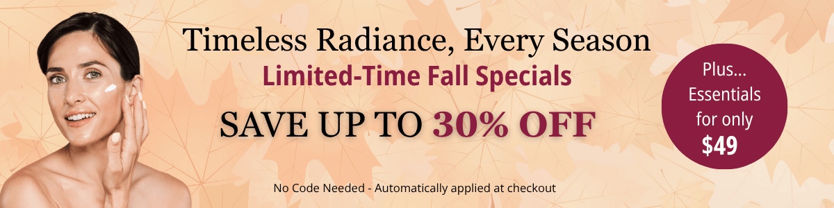 Advertisement for limited-time fall specials with a woman applying cream to her face.