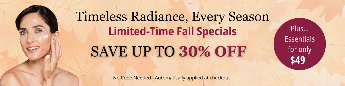 Cosmetic advertisement with a woman applying cream, offering limited-time fall specials with discounts and a special price for essentials.