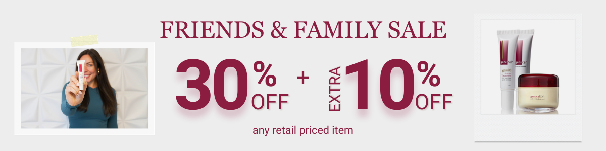 Promotional banner for Friends & Family Sale with cosmetic products and discount text.