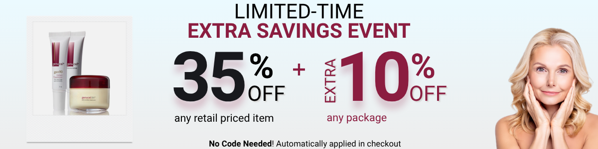 Promotional banner with skincare products and a woman's face, offering limited-time savings event.